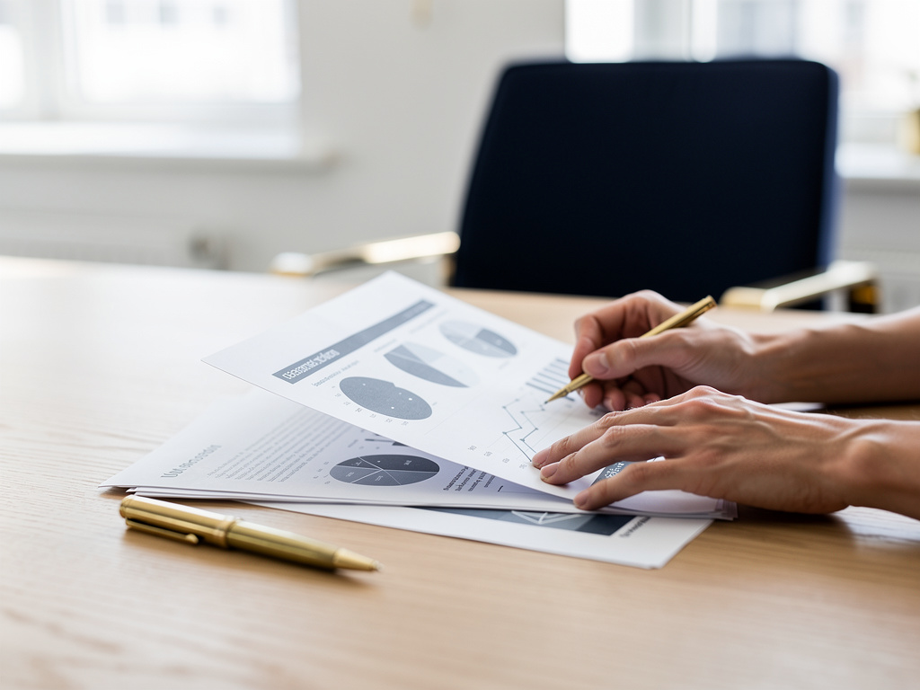 Close-up of hands reviewing a printed diagnostic report with handwritten notes and a brass pen on an oak table.