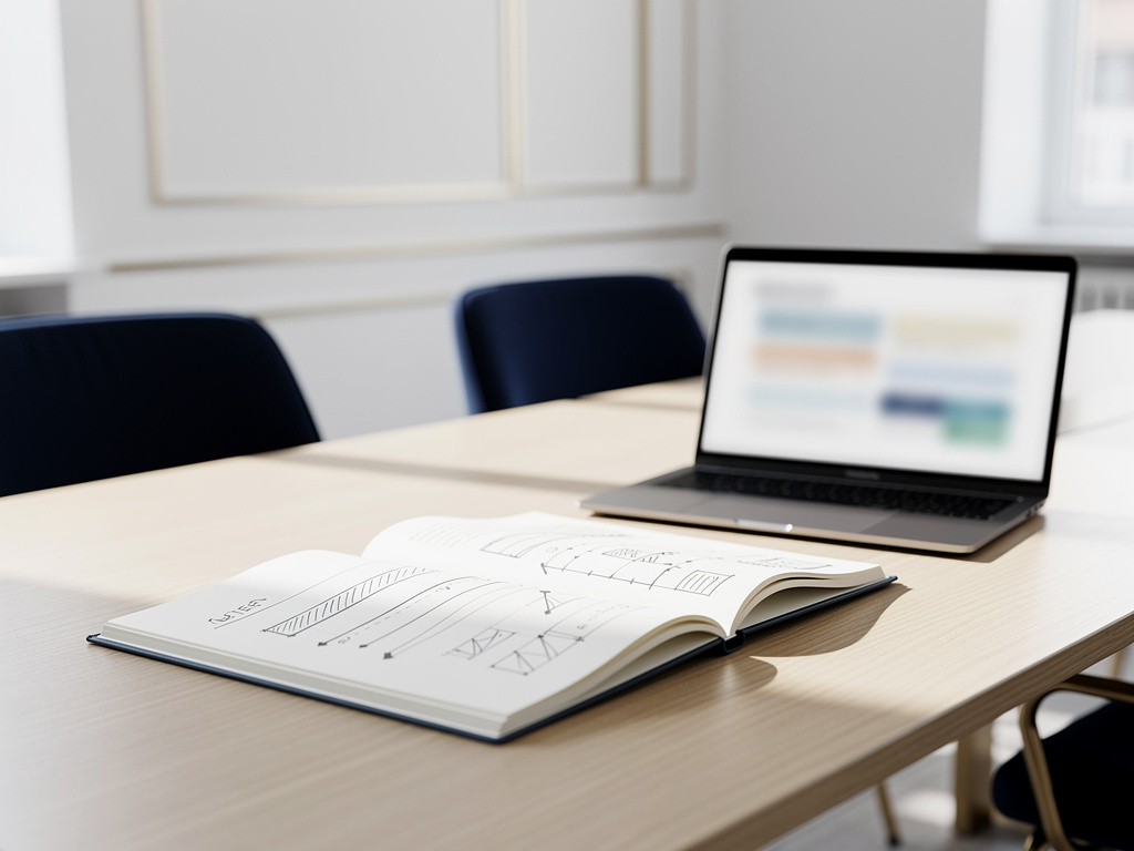 An open planning notebook with a timeline sketch next to a laptop showing an unreadable chart.