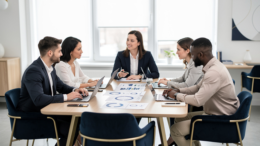 A small team of business people in a working meeting around a light oak table with laptops and printed process charts, s