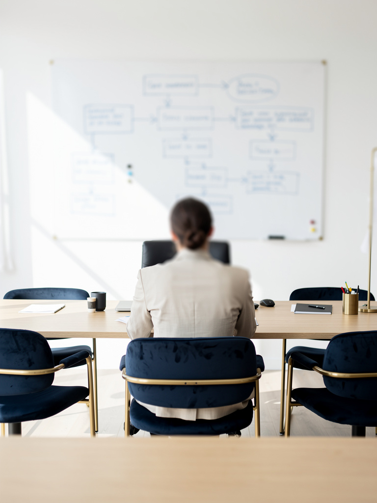 A consultant seen from behind at a desk reviewing a whiteboard covered in process flow diagrams, faces out of focus.